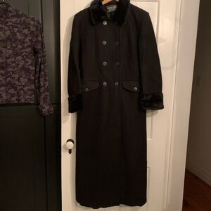 Vintage Black Wool Fur-Trimmed Double Breasted Maxi Coat